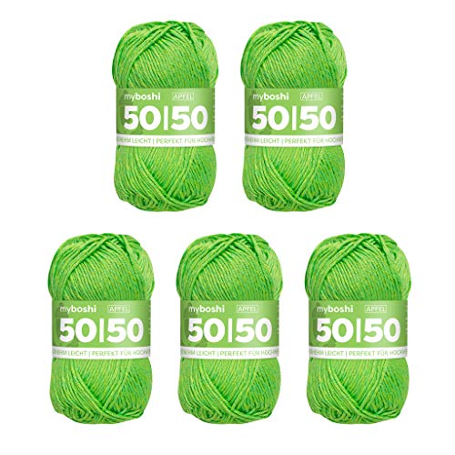 myboshi 50/50-Ganzjahres-Wolle aus Baum- und Merinowolle, für Oberbekleidung geeignet, Mulesing-frei, hochwertiges Häkel-/Strickgarn, 50g, Ll 110m Grün (Apfel), 5 Knäuel von myboshi