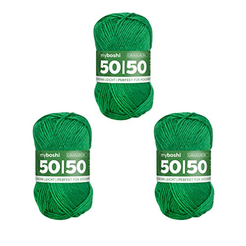 myboshi 50/50-Ganzjahres-Wolle aus Baum- und Merinowolle, für Oberbekleidung geeignet, Mulesing-frei, hochwertiges Häkel-/Strickgarn, 50g, Ll 110m Grün (Grasgrün), 3 Knäuel von myboshi