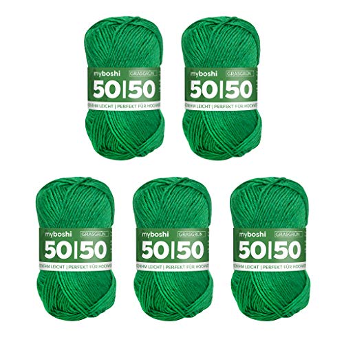 myboshi 50/50-Ganzjahres-Wolle aus Baum- und Merinowolle, für Oberbekleidung geeignet, Mulesing-frei, hochwertiges Häkel-/Strickgarn, 50g, Ll 110m Grün (Grasgrün), 5 Knäuel von myboshi