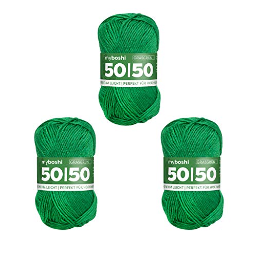myboshi 50/50-Ganzjahres-Wolle aus Baum- und Merinowolle, für Oberbekleidung geeignet, Mulesing-frei, hochwertiges Häkel-/Strickgarn, 50g, Ll 110m Grün (Grasgrün) 3 Knäuel von myboshi