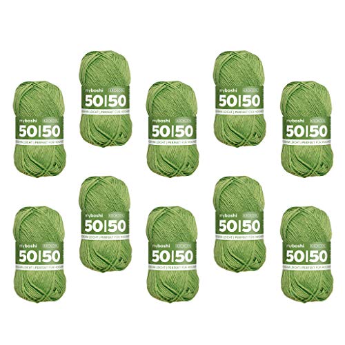 myboshi 50/50-Ganzjahres-Wolle aus Baum- und Merinowolle, für Oberbekleidung geeignet, Mulesing-frei, hochwertiges Häkel-/Strickgarn, 50g, Ll 110m Grün (Krokodil), 10 Knäuel von myboshi