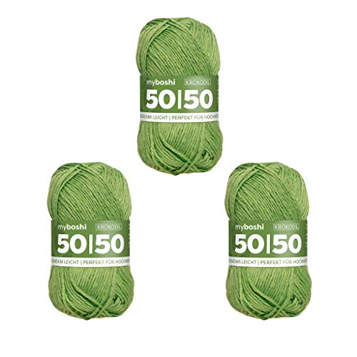 myboshi 50/50-Ganzjahres-Wolle aus Baum- und Merinowolle, für Oberbekleidung geeignet, Mulesing-frei, hochwertiges Häkel-/Strickgarn, 50g, Ll 110m Grün (Krokodil), 3 Knäuel von myboshi