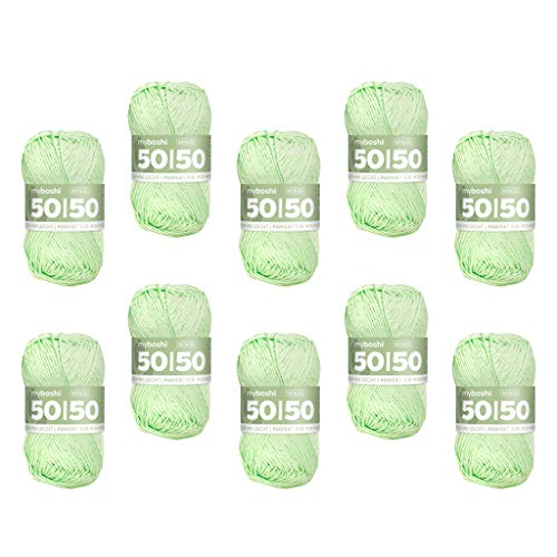 myboshi 50/50-Ganzjahres-Wolle aus Baum- und Merinowolle, für Oberbekleidung geeignet, Mulesing-frei, hochwertiges Häkel-/Strickgarn, 50g, Ll 110m Grün (Minze), 10 Knäuel von myboshi