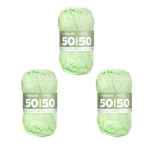 myboshi 50/50-Ganzjahres-Wolle aus Baum- und Merinowolle, für Oberbekleidung geeignet, Mulesing-frei, hochwertiges Häkel-/Strickgarn, 50g, Ll 110m Grün (Minze), 3 Knäuel von myboshi