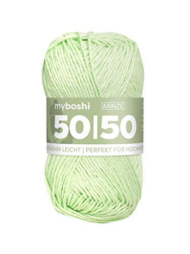 myboshi 50/50-Ganzjahres-Wolle aus Baum- und Merinowolle, für Oberbekleidung geeignet, Mulesing-frei, hochwertiges Häkel-/Strickgarn, 50g, Ll 110m Grün (Minze) 1 Knäuel von myboshi