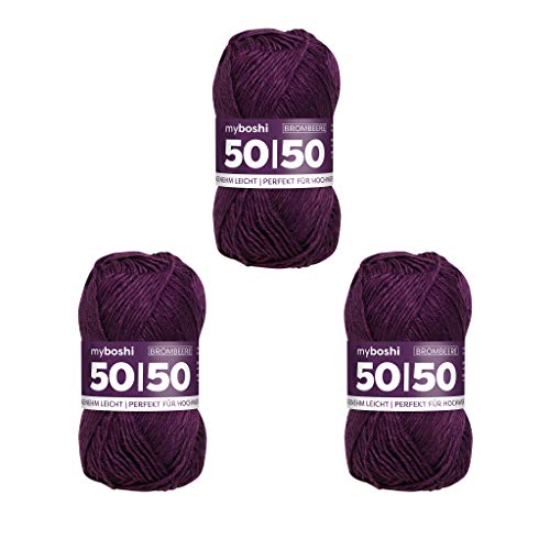 myboshi 50/50-Ganzjahres-Wolle aus Baum- und Merinowolle, für Oberbekleidung geeignet, Mulesing-frei, hochwertiges Häkel-/Strickgarn, 50g, Ll 110m Lila (Brombeere), 3 Knäuel von myboshi