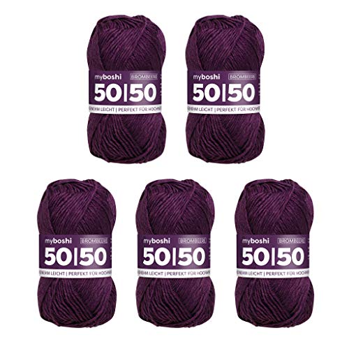 myboshi 50/50-Ganzjahres-Wolle aus Baum- und Merinowolle, für Oberbekleidung geeignet, Mulesing-frei, hochwertiges Häkel-/Strickgarn, 50g, Ll 110m Lila (Brombeere), 5 Knäuel von myboshi
