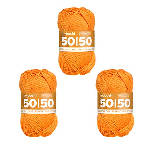 myboshi 50/50-Ganzjahres-Wolle aus Baum- und Merinowolle, für Oberbekleidung geeignet, Mulesing-frei, hochwertiges Häkel-/Strickgarn, 50g, Ll 110m Orange (Aprikose), 3 Knäuel von myboshi