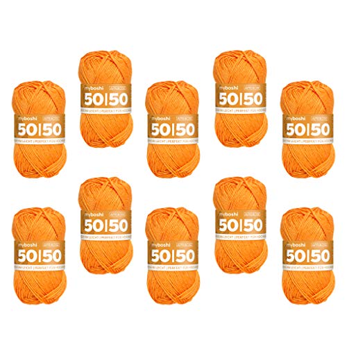 myboshi 50/50-Ganzjahres-Wolle aus Baum- und Merinowolle, für Oberbekleidung geeignet, Mulesing-frei, hochwertiges Häkel-/Strickgarn, 50g, Ll 110m Orange (Aprikose), 10 Knäuel von myboshi