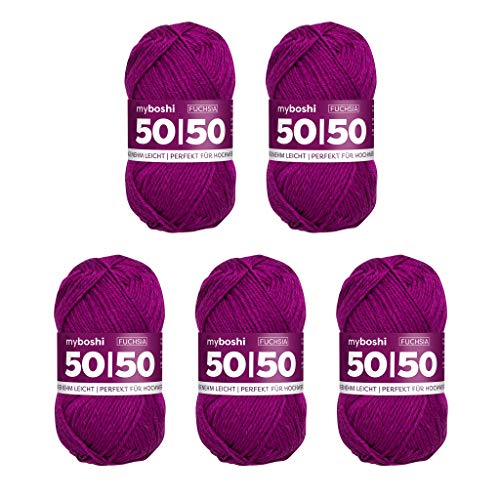 myboshi 50/50-Ganzjahres-Wolle aus Baum- und Merinowolle, für Oberbekleidung geeignet, Mulesing-frei, hochwertiges Häkel-/Strickgarn, 50g, Ll 110m Rosa (Fuchsia), 5 Knäuel von myboshi