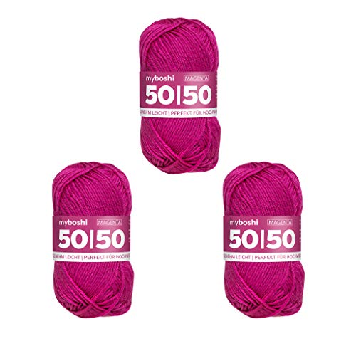 myboshi 50/50-Ganzjahres-Wolle aus Baum- und Merinowolle, für Oberbekleidung geeignet, Mulesing-frei, hochwertiges Häkel-/Strickgarn, 50g, Ll 110m Rosa (Magenta), 3 Knäuel von myboshi