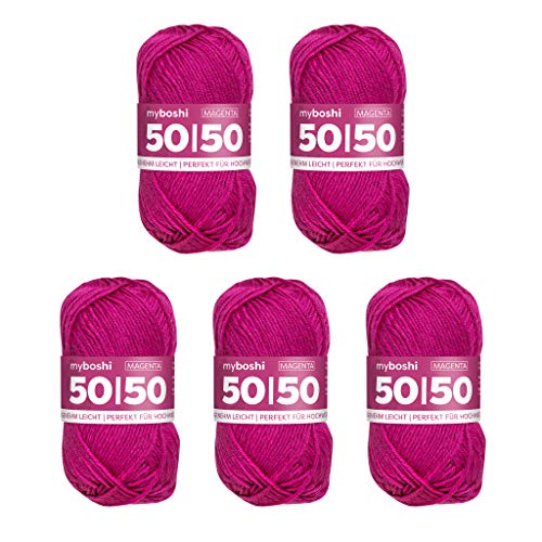 myboshi 50/50-Ganzjahres-Wolle aus Baum- und Merinowolle, für Oberbekleidung geeignet, Mulesing-frei, hochwertiges Häkel-/Strickgarn, 50g, Ll 110m Rosa (Magenta), 5 Knäuel von myboshi