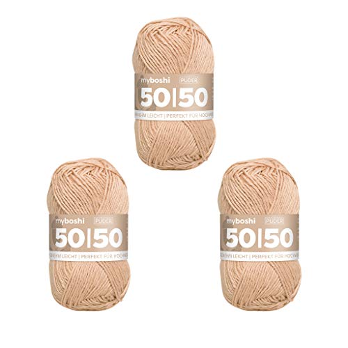 myboshi 50/50-Ganzjahres-Wolle aus Baum- und Merinowolle, für Oberbekleidung geeignet, Mulesing-frei, hochwertiges Häkel-/Strickgarn, 50g, Ll 110m Rosa (Puder), 3 Knäuel von myboshi