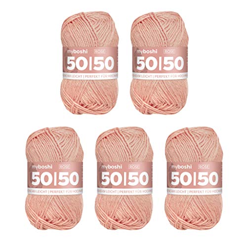 myboshi 50/50-Ganzjahres-Wolle aus Baum- und Merinowolle, für Oberbekleidung geeignet, Mulesing-frei, hochwertiges Häkel-/Strickgarn, 50g, Ll 110m Rosa (Rose), 5 Knäuel von myboshi