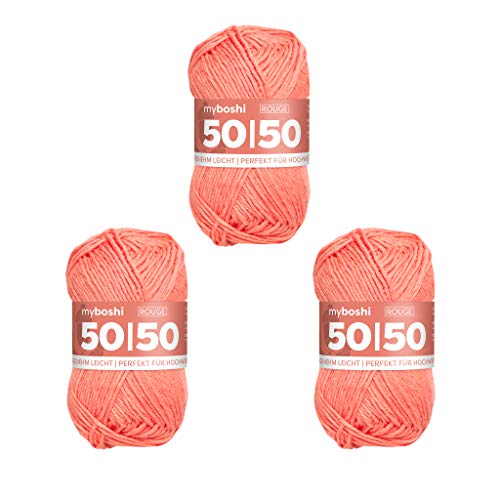 myboshi 50/50-Ganzjahres-Wolle aus Baum- und Merinowolle, für Oberbekleidung geeignet, Mulesing-frei, hochwertiges Häkel-/Strickgarn, 50g, Ll 110m Rosa (Rouge), 3 Knäuel von myboshi