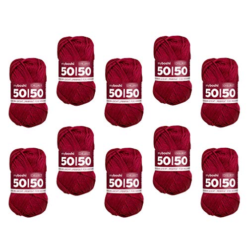 myboshi 50/50-Ganzjahres-Wolle aus Baum- und Merinowolle, für Oberbekleidung geeignet, Mulesing-frei, hochwertiges Häkel-/Strickgarn, 50g, Ll 110m Rot (Chillirot), 10 Knäuel von myboshi