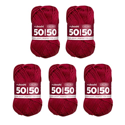 myboshi 50/50-Ganzjahres-Wolle aus Baum- und Merinowolle, für Oberbekleidung geeignet, Mulesing-frei, hochwertiges Häkel-/Strickgarn, 50g, Ll 110m Rot (Chillirot), 5 Knäuel von myboshi
