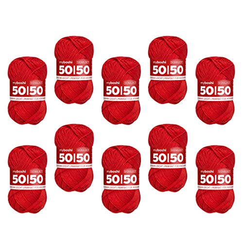 myboshi 50/50-Ganzjahres-Wolle aus Baum- und Merinowolle, für Oberbekleidung geeignet, Mulesing-frei, hochwertiges Häkel-/Strickgarn, 50g, Ll 110m Rot (Signalrot), 10 Knäuel von myboshi