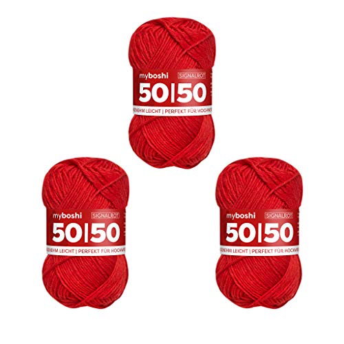 myboshi 50/50-Ganzjahres-Wolle aus Baum- und Merinowolle, für Oberbekleidung geeignet, Mulesing-frei, hochwertiges Häkel-/Strickgarn, 50g, Ll 110m Rot (Signalrot), 3 Knäuel von myboshi