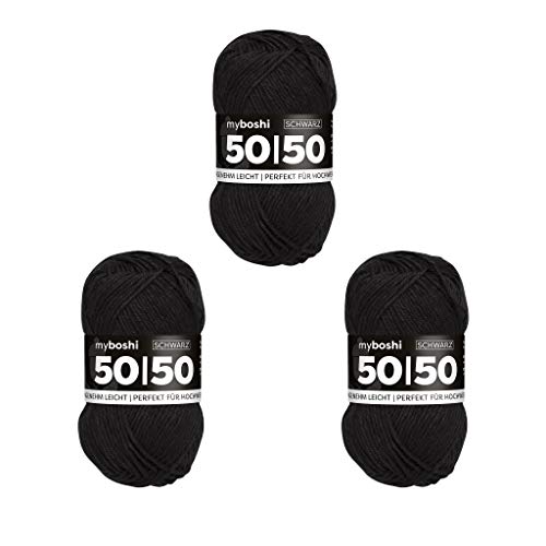 myboshi 50/50-Ganzjahres-Wolle aus Baum- und Merinowolle, für Oberbekleidung geeignet, Mulesing-frei, hochwertiges Häkel-/Strickgarn, 50g, Ll 110m Schwarz (Schwarz), 3 Knäuel von myboshi