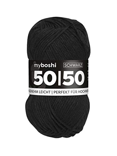 myboshi 50/50-Ganzjahres-Wolle aus Baum- und Merinowolle, für Oberbekleidung geeignet, Mulesing-frei, hochwertiges Häkel-/Strickgarn, 50g, Ll 110m Schwarz (Schwarz), 1 Knäuel von myboshi