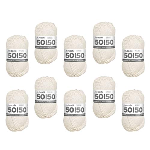 myboshi 50/50-Ganzjahres-Wolle aus Baum- und Merinowolle, für Oberbekleidung geeignet, Mulesing-frei, hochwertiges Häkel-/Strickgarn, 50g, Ll 110m Weiß (Weiß), 10 Knäuel von myboshi