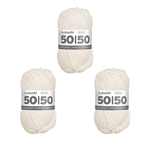 myboshi 50/50-Ganzjahres-Wolle aus Baum- und Merinowolle, für Oberbekleidung geeignet, Mulesing-frei, hochwertiges Häkel-/Strickgarn, 50g, Ll 110m Weiß (Weiß), 3 Knäuel von myboshi