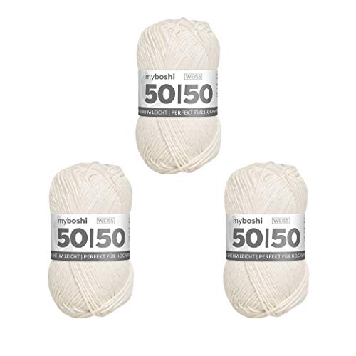 myboshi 50/50-Ganzjahres-Wolle aus Baum- und Merinowolle, für Oberbekleidung geeignet, Mulesing-frei, hochwertiges Häkel-/Strickgarn, 50g, Ll 110m Weiß (Weiß) 3 Knäuel von myboshi