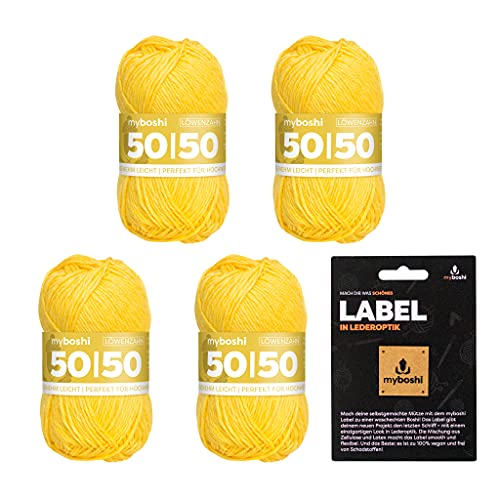 myboshi 50/50 Wolle, Baumwoll-Merino-Mix, hochwertiges Häkelgarn, Strickgarn, inkl. Label, 50% Baumwolle, 50% Wolle (Merino), Ll. 110m/50g, Gelb (Löwenzahn), 4 Knäuel von myboshi