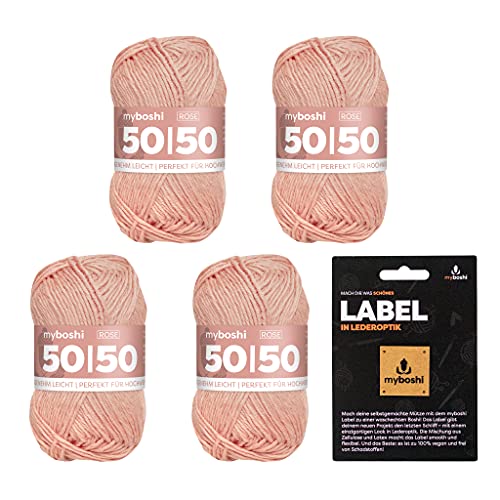 myboshi 50/50 Wolle, Baumwoll-Merino-Mix, hochwertiges Häkelgarn, Strickgarn, inkl. Label, 50% Baumwolle, 50% Wolle (Merino), Ll. 110m/50g, Rosa (Rose) 4 Knäuel von myboshi