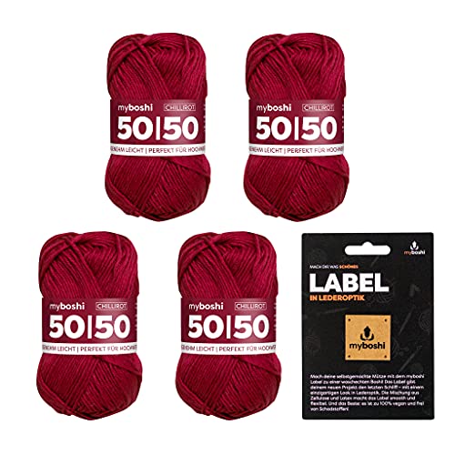 myboshi 50/50 Wolle, Baumwoll-Merino-Mix, hochwertiges Häkelgarn, Strickgarn, inkl. Label, 50% Baumwolle, 50% Wolle (Merino), Ll. 110m/50g, Rot (Chillirot), 4 Knäuel von myboshi