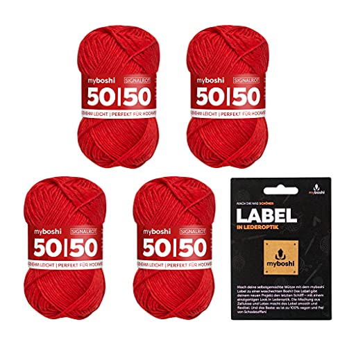 myboshi 50/50 Wolle, Baumwoll-Merino-Mix, hochwertiges Häkelgarn, Strickgarn, inkl. Label, 50% Baumwolle, 50% Wolle (Merino), Ll. 110m/50g, Rot (Signalrot), 4 Knäuel von myboshi