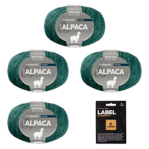 myboshi Alpaca-Wolle inkl. original Label in Lederoptik, zum Häkeln/Stricken, temperaturregulierend, angenehm weich, für Damenoberbekleidung Blau (Petrol) 4 Knäuel von myboshi