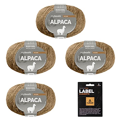 myboshi Alpaca-Wolle inkl. original Label in Lederoptik, zum Häkeln/Stricken, temperaturregulierend, angenehm weich, für Damenoberbekleidung Braun (Ocker), 4 Knäuel von myboshi
