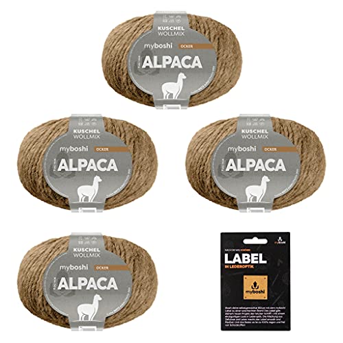 myboshi Alpaca-Wolle inkl. original Label in Lederoptik, zum Häkeln/Stricken, temperaturregulierend, angenehm weich, für Damenoberbekleidung Braun (Ocker) 4 Knäuel von myboshi