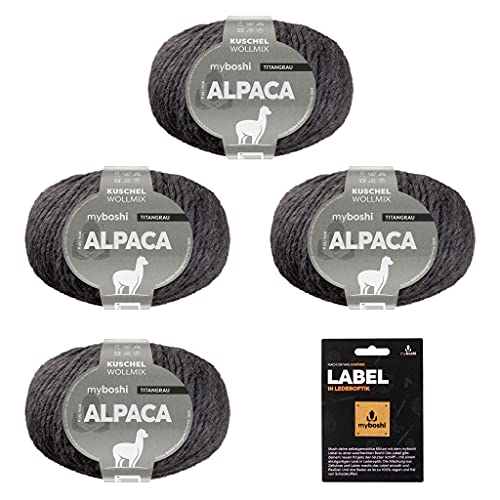 myboshi Alpaca-Wolle inkl. original Label in Lederoptik, zum Häkeln/Stricken, temperaturregulierend, angenehm weich, für Damenoberbekleidung Grau (Titangrau) 4 Knäuel von myboshi