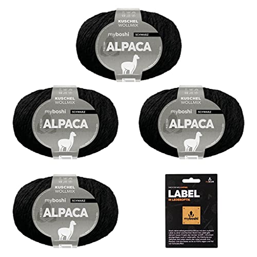 myboshi Alpaca-Wolle inkl. original Label in Lederoptik, zum Häkeln/Stricken, temperaturregulierend, angenehm weich, für Damenoberbekleidung Schwarz (Schwarz) 4 Knäuel von myboshi