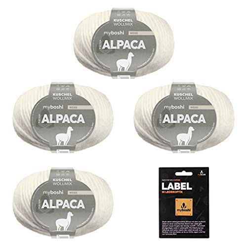 myboshi Alpaca-Wolle inkl. original Label in Lederoptik, zum Häkeln/Stricken, temperaturregulierend, angenehm weich, für Damenoberbekleidung Weiß (Weiß), 4 Knäuel von myboshi