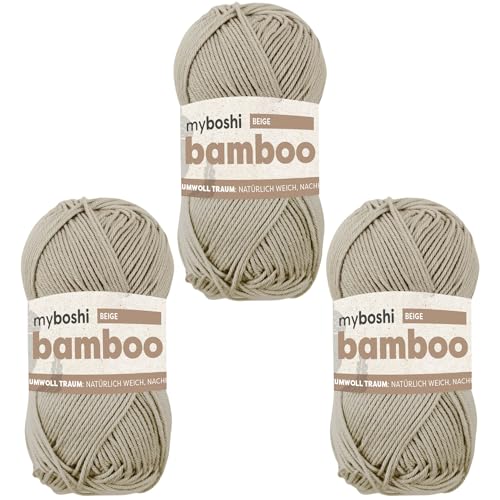 myboshi Bamboo, natürlich weiches Bambus-Baumwollgarn, zum Häkeln und Stricken, strapazierfähig, 50g, 125m, Beige (Beige) 3 Knäuel von myboshi