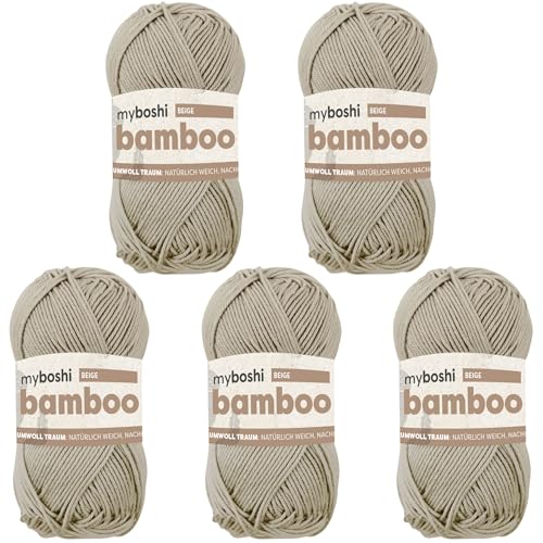 myboshi Bamboo, natürlich weiches Bambus-Baumwollgarn, zum Häkeln und Stricken, strapazierfähig, 50g, 125m, Beige (Beige) 5 Knäuel von myboshi