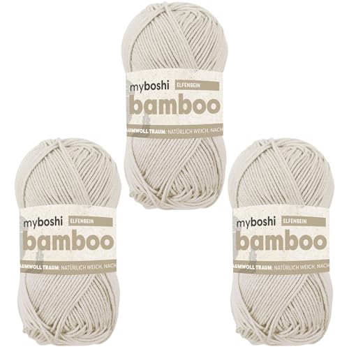 myboshi Bamboo, natürlich weiches Bambus-Baumwollgarn, zum Häkeln und Stricken, strapazierfähig, 50g, 125m, Beige (Elfenbein) 3 Knäuel von myboshi