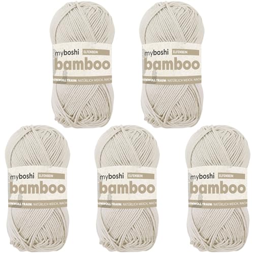 myboshi Bamboo, natürlich weiches Bambus-Baumwollgarn, zum Häkeln und Stricken, strapazierfähig, 50g, 125m, Beige (Elfenbein) 5 Knäuel von myboshi