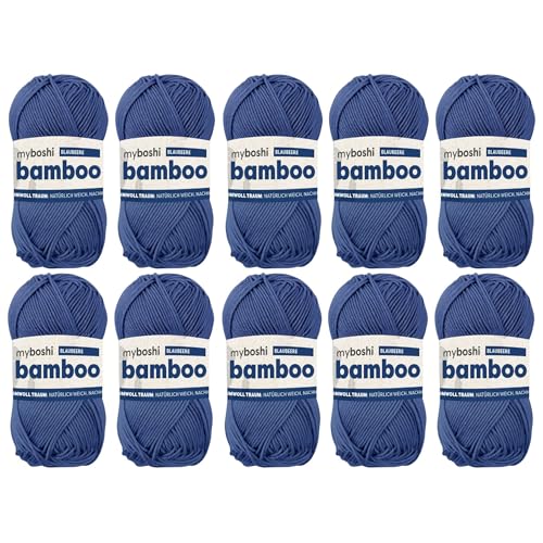 myboshi Bamboo, natürlich weiches Bambus-Baumwollgarn, zum Häkeln und Stricken, strapazierfähig, 50g, 125m, Blau (Blaubeere), 10 Knäuel von myboshi
