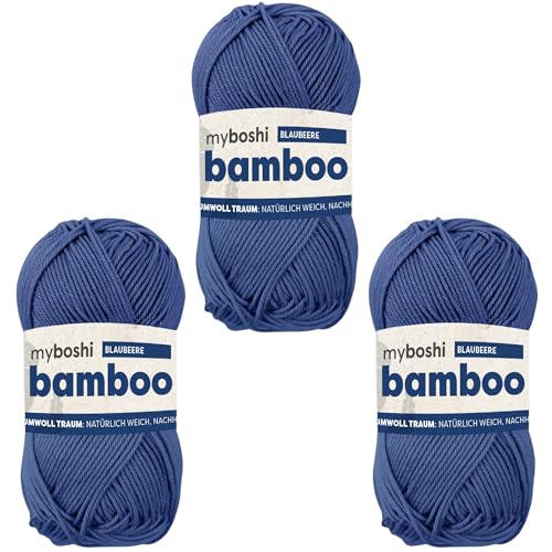 myboshi Bamboo, natürlich weiches Bambus-Baumwollgarn, zum Häkeln und Stricken, strapazierfähig, 50g, 125m, Blau (Blaubeere) 3 Knäuel von myboshi
