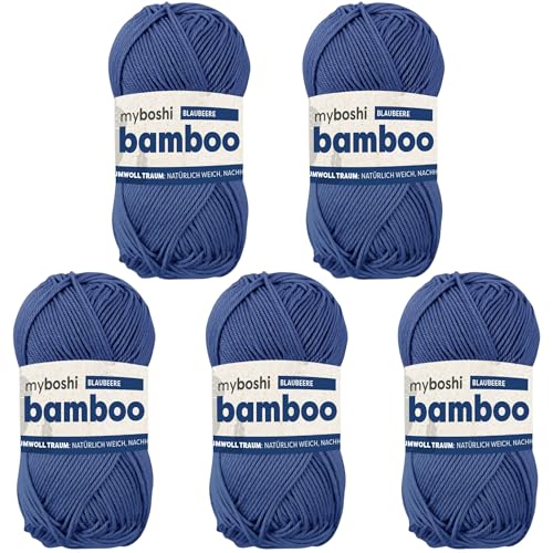 myboshi Bamboo, natürlich weiches Bambus-Baumwollgarn, zum Häkeln und Stricken, strapazierfähig, 50g, 125m, Blau (Blaubeere) 5 Knäuel von myboshi