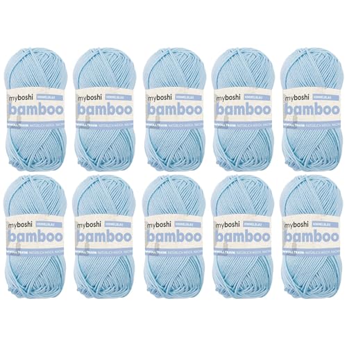 myboshi Bamboo, natürlich weiches Bambus-Baumwollgarn, zum Häkeln und Stricken, strapazierfähig, 50g, 125m, Blau (Himmelblau), 10 Knäuel von myboshi