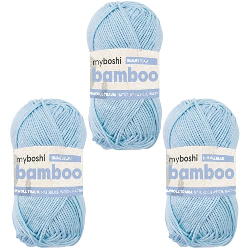myboshi Bamboo, natürlich weiches Bambus-Baumwollgarn, zum Häkeln und Stricken, strapazierfähig, 50g, 125m, Blau (Himmelblau) 3 Knäuel von myboshi