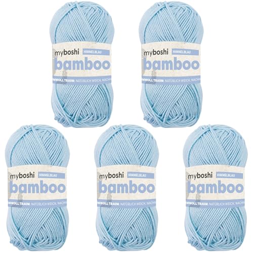 myboshi Bamboo, natürlich weiches Bambus-Baumwollgarn, zum Häkeln und Stricken, strapazierfähig, 50g, 125m, Blau (Himmelblau) 5 Knäuel von myboshi