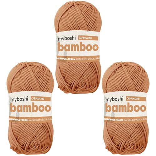 myboshi Bamboo, natürlich weiches Bambus-Baumwollgarn, zum Häkeln und Stricken, strapazierfähig, 50g, 125m, Braun (Cappuccino) 3 Knäuel von myboshi