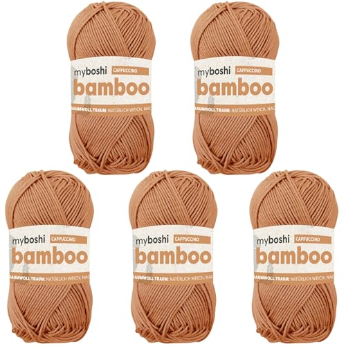 myboshi Bamboo, natürlich weiches Bambus-Baumwollgarn, zum Häkeln und Stricken, strapazierfähig, 50g, 125m, Braun (Cappuccino) 5 Knäuel von myboshi